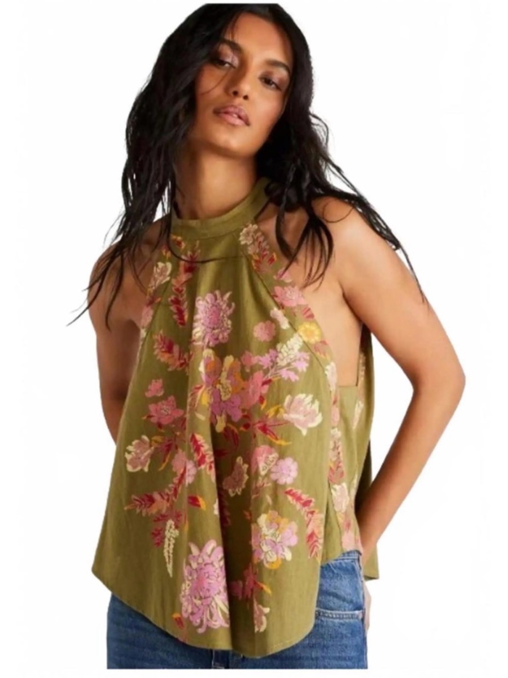 Free people Emily Olive Floral Sleeveless Tunic Top Moss Pink Handkerchief